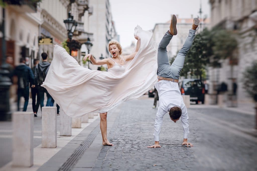 beautiful unique couple walks into your wedding day in Budapest