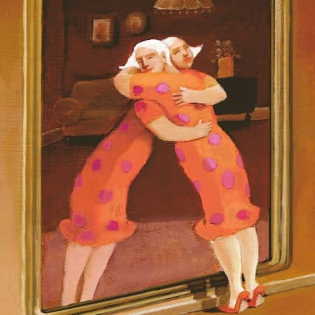 a woman embraces her image in the mirror